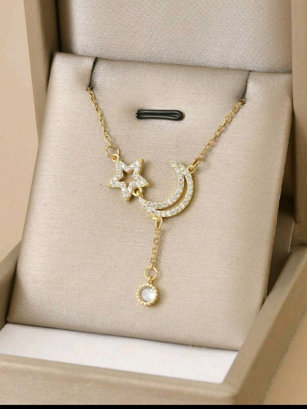 BRAND NEW ** Gold Crescent Moon & Star Pendant Necklace with Crystal Drop
